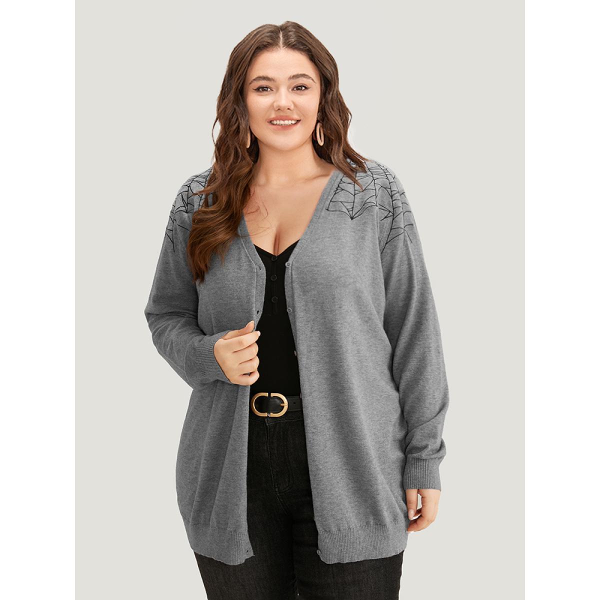Plus Size Supersoft Essentials Halloween Spider Web Button Through Cardigan Gray Women Casual Loose Long Sleeve Dailywear Cardigans BloomChic 22-24/3X Product Image