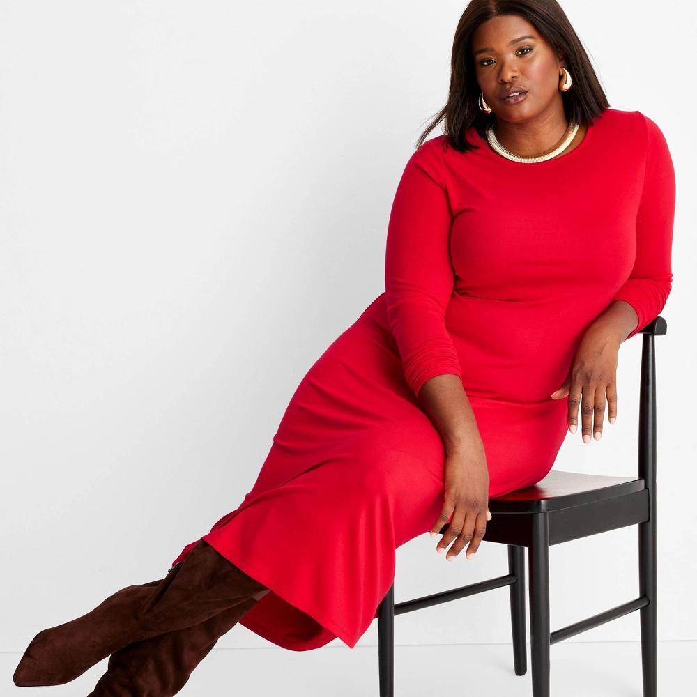 Womens Long Sleeve Ribbed Midi Bodycon Dress - A New Day Red 3X Product Image