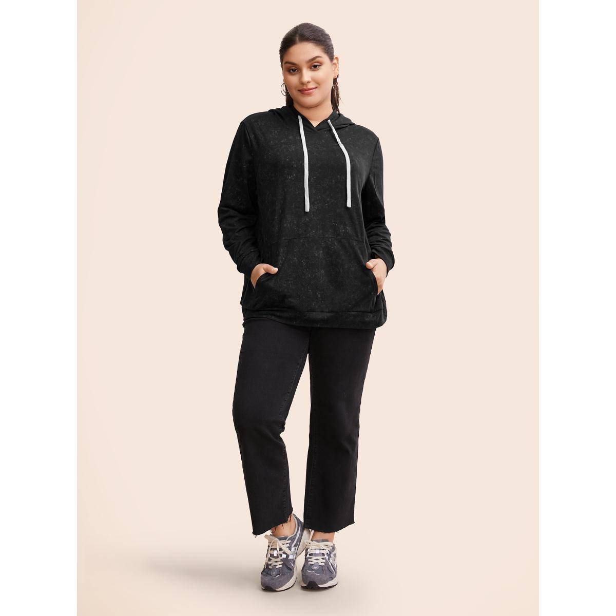 Plus Size Hooded Ties Pocket Elastic Cuffs Sweatshirt Women Black Casual Elastic cuffs Hooded Dailywear Sweatshirts BloomChic 26/4X Product Image