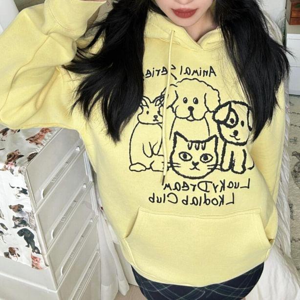 Long Sleeve Dog & Lettering Print Hooded Loose-Fit Sweatshirt Product Image