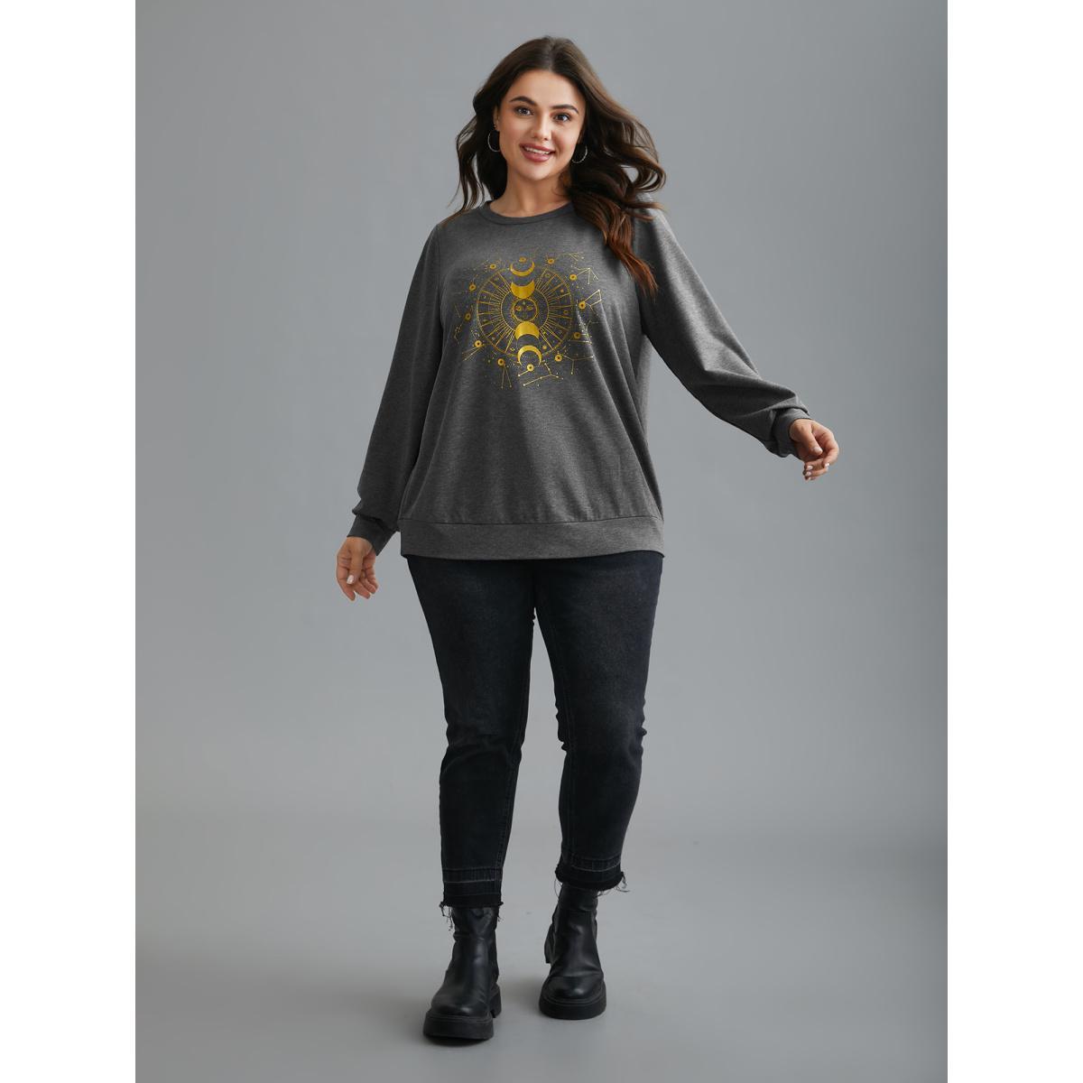 Plus Size Star & Moon Print Round Neck Sweatshirt Women DimGray Casual Non Round Neck Everyday Sweatshirts BloomChic 22-24/3X Product Image