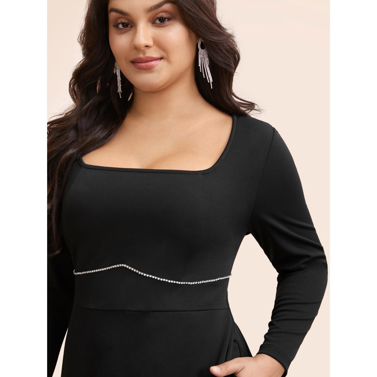 Plus Size Square Neck Shirred Rhinestone Midi Dress Black Women Cocktail Rhinestone detailing Party Curvy Bloomchic 10/M Product Image