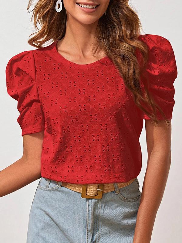 Loose Short Sleeves Hollow Pleated Solid Color Round-Neck T-Shirts Tops Product Image