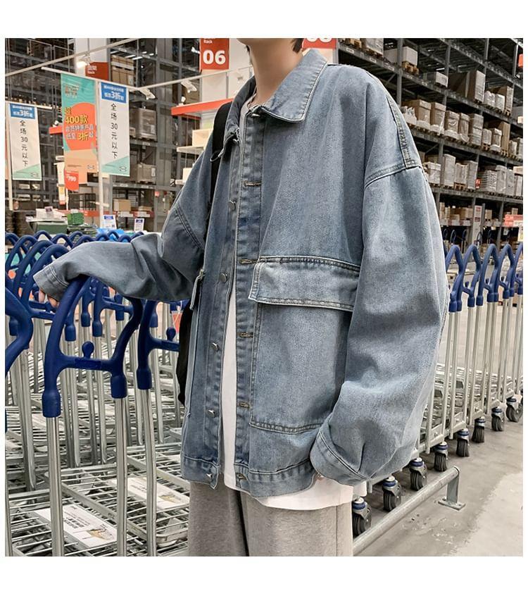 Collared Washed Button-Up Denim Cargo Jacket Product Image