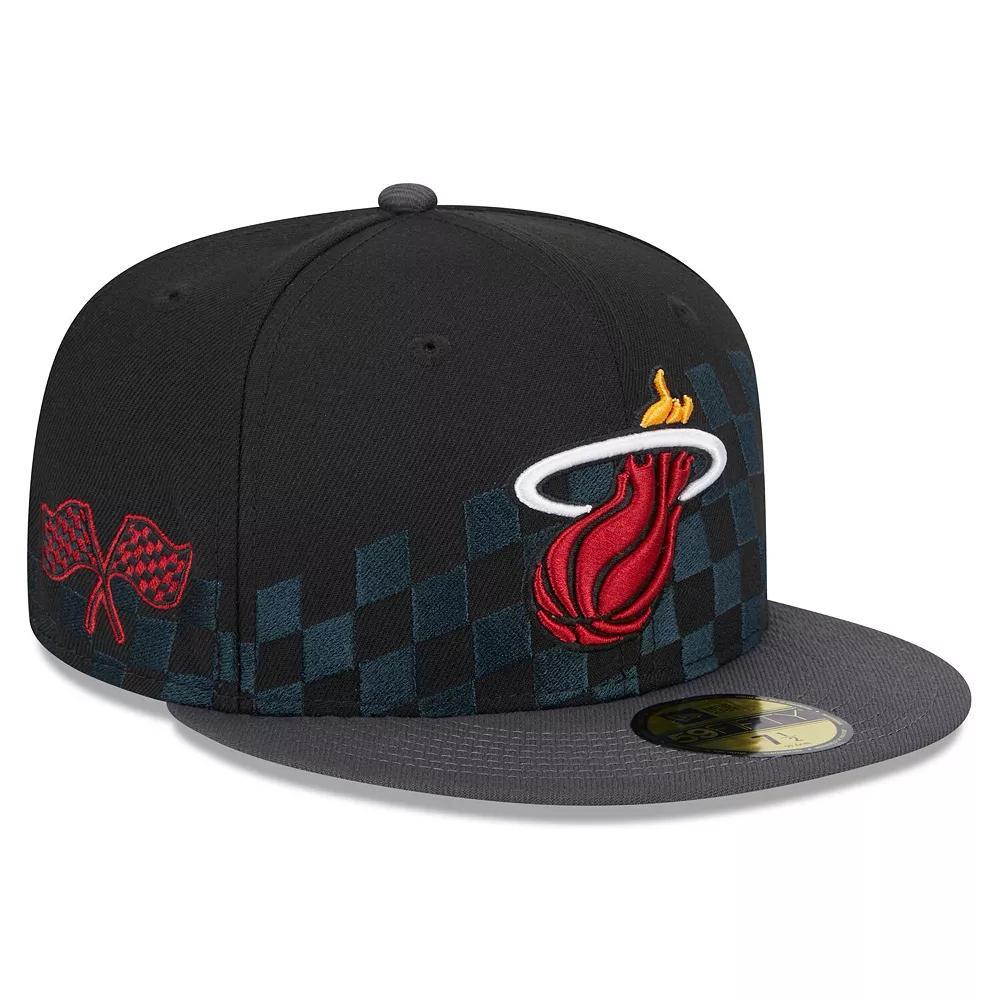 Men's New Era Black Miami Heat  Rally Drive Checkerboard 59FIFTY Crown Fitted Hat, Size: 7 3/8 Product Image