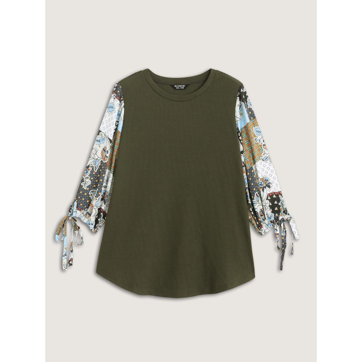 Plus Size Boho Print Ribbed Sleeve Tie Sweatshirt Women ArmyGreen Round Neck Vacation Sweatshirts BloomChic 28/5X Product Image