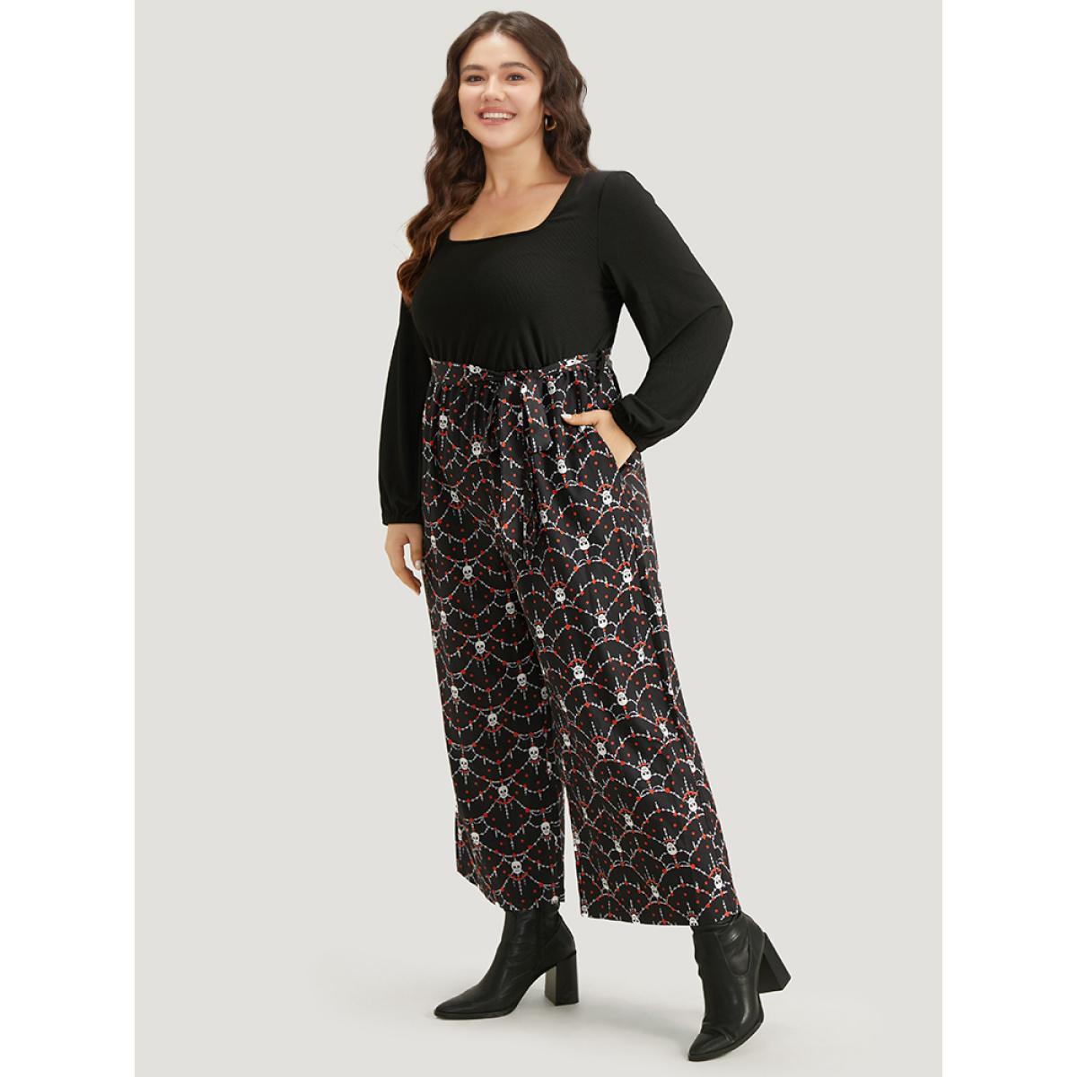 Plus Size Black Halloween Skull Print Patchwork Belted Jumpsuit Women Elegant Long Sleeve Square Neck Festival-Halloween Loose Jumpsuits BloomChic 28/5X Product Image