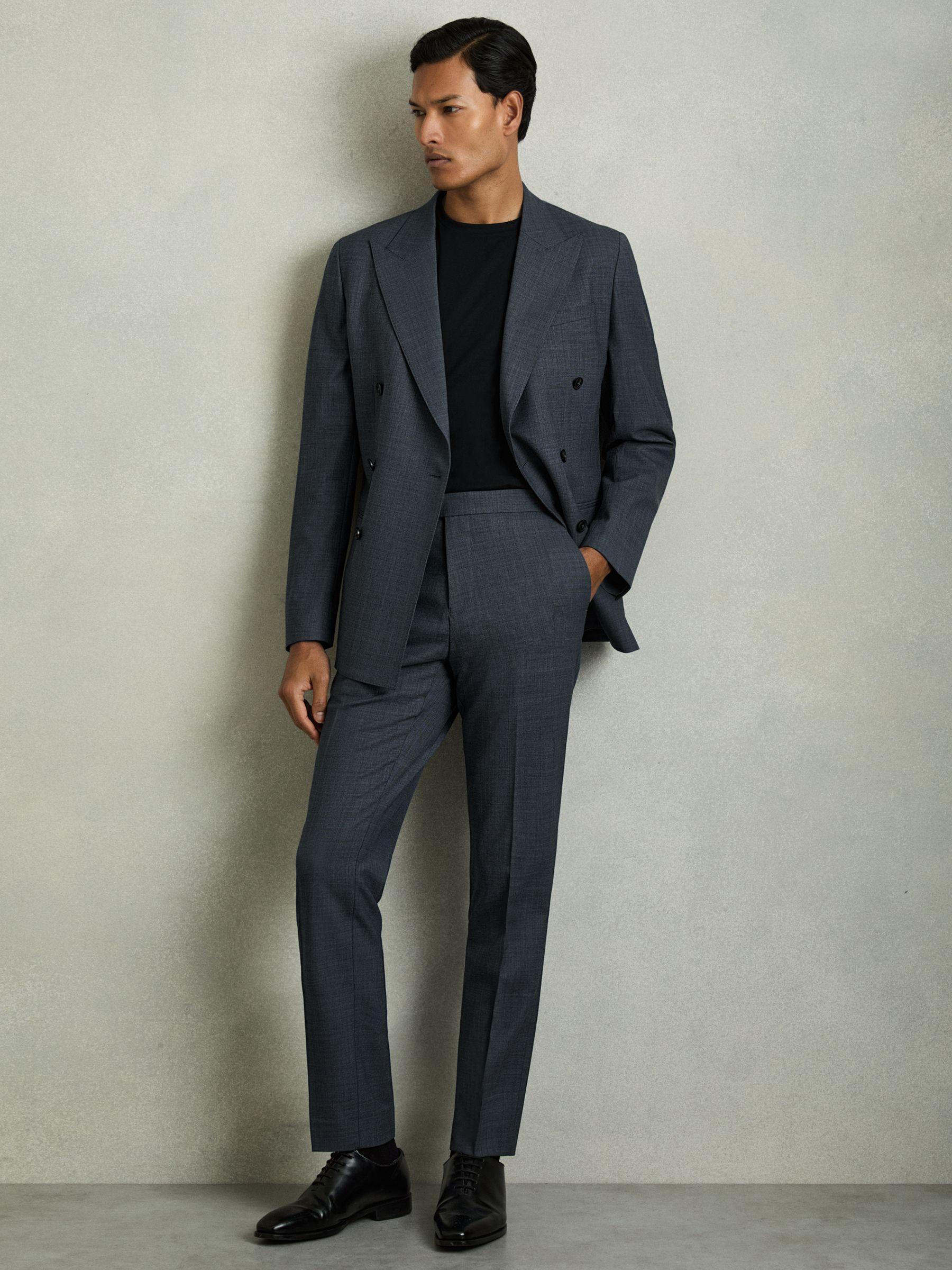 Regular-Fit Double-Breasted Sharkskin Wool-Blend Suit Blazer in Charcoal Grey Product Image