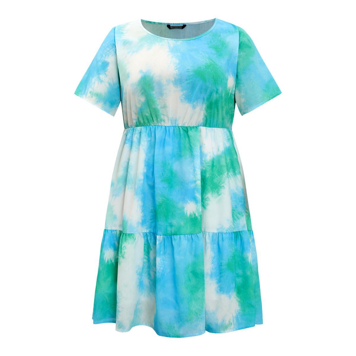 Plus Size Tie Dye Crew Neck Pocket Ruffle Tiered Dress Multicolor Women Vacation Tiered Round Neck Short sleeve Curvy Knee Dress BloomChic 12/L Product Image