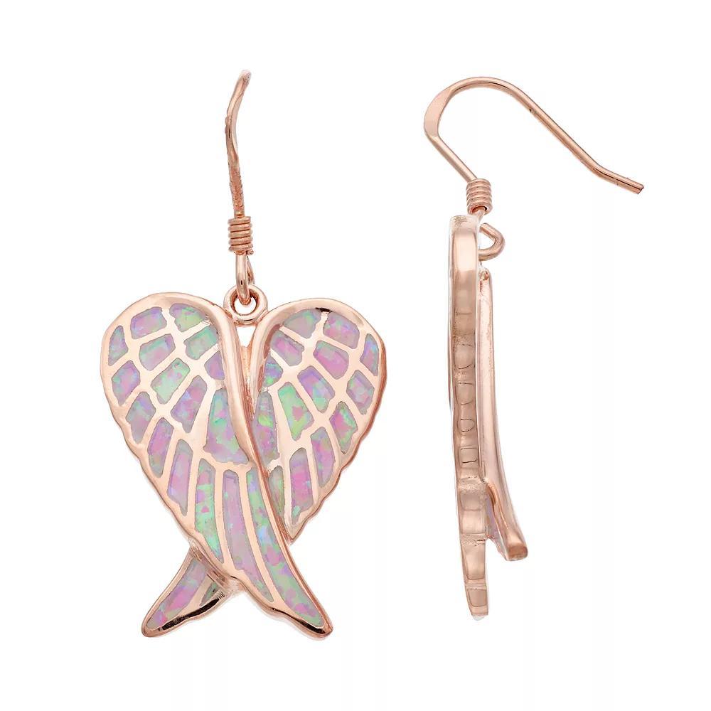 14k Rose Gold Over Silver Lab-Created Pink Opal Angel Wing Drop Earrings, Women's, Pink Tone Product Image