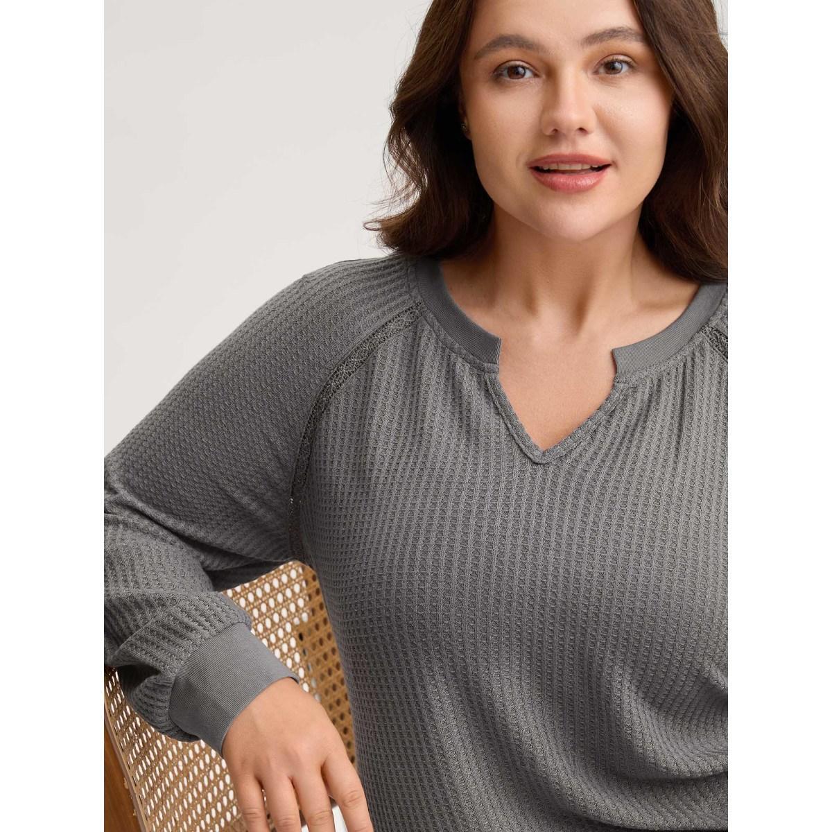 Plus Size Waffle Grid Notched Collar Lace Sweatshirt Women DimGray Woven ribbon&lace trim Flat collar with V-notch Everyday-Casual Sweatshirts BloomChic 14-16/1X Product Image