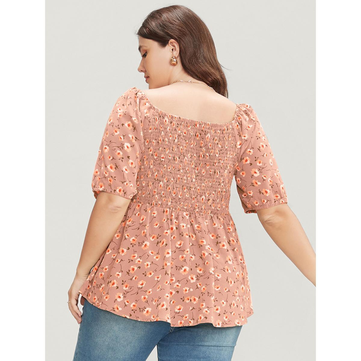 Plus Size DustyPink Ditsy Floral Square Neck Lantern Sleeve Shirred Blouse Women Elegant Short sleeve Square Neck Dailywear Blouses BloomChic 14-16/1X Product Image