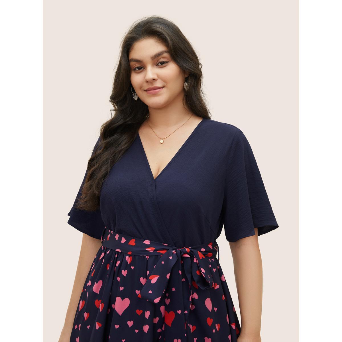 Plus Size Heart Print Patchwork Belted Wrap Dress DarkBlue Women Elegant Wrap Overlap Collar Half Sleeve Curvy Midi Dress BloomChic 22-24/3X Product Image
