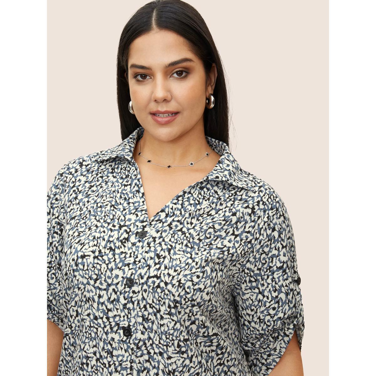 Plus Size Multicolor Leopard Print Shirt Collar Tab Sleeve Blouse Women At the Office Half Sleeve Shirt collar Work Blouses BloomChic 18-20/2X Product Image