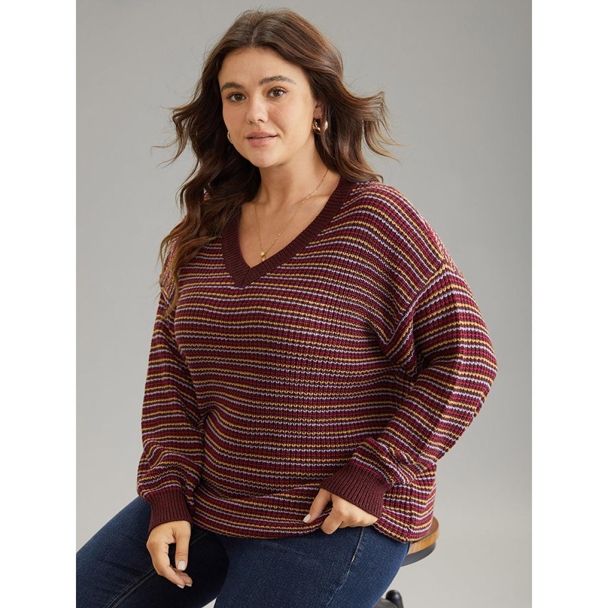 Plus Size Textured Striped Drop Shoulder Pullover Multicolor Women Casual Loose Long Sleeve V-neck Dailywear Pullovers BloomChic 28/5X Product Image