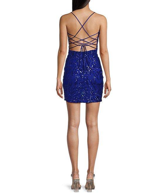 B. Darlin Sequin V-Neck Spaghetti Strap Lace Up Fitted Dress Product Image