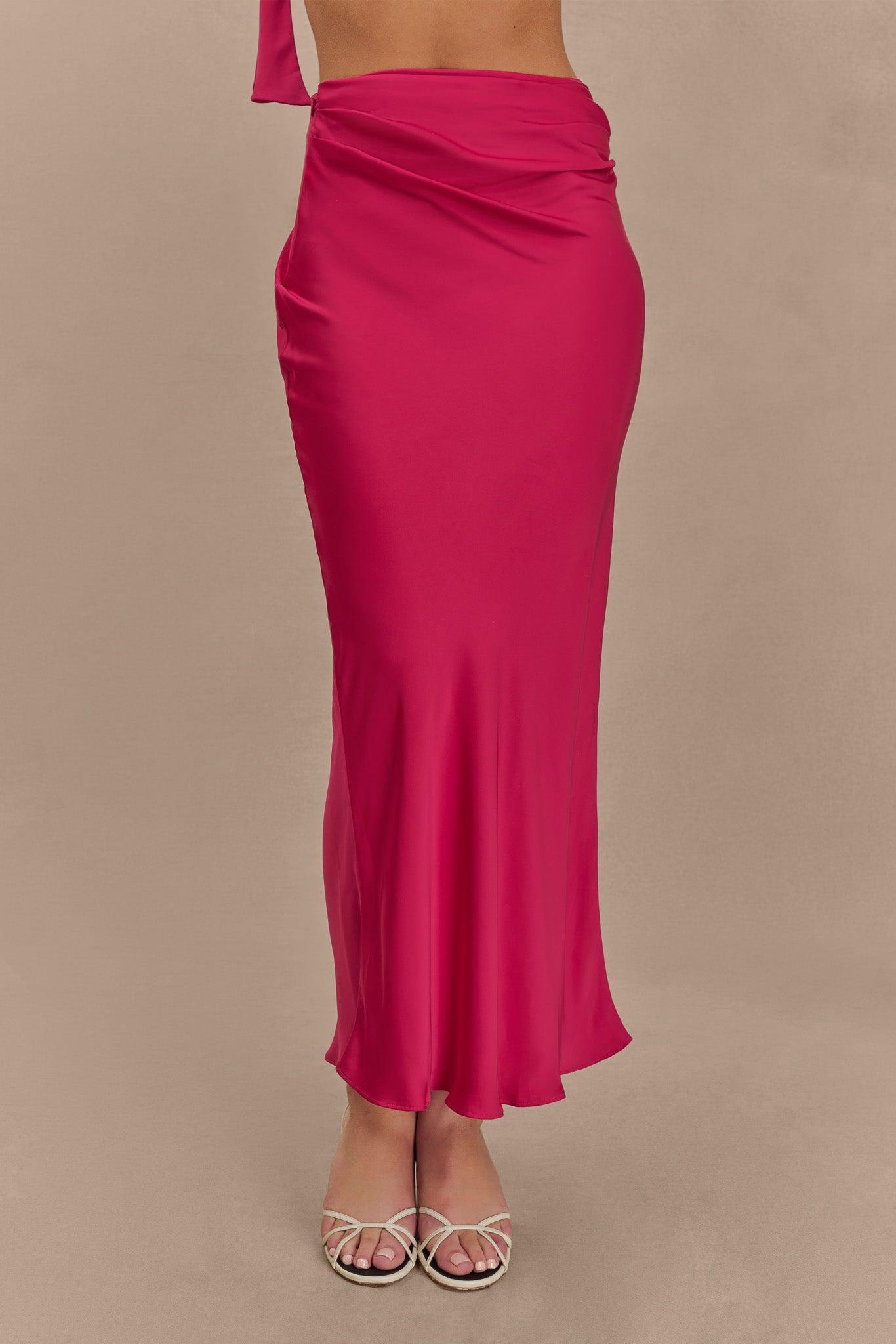 Nicola Satin Asymmetric Maxi Skirt - Pink Cherry Product Image