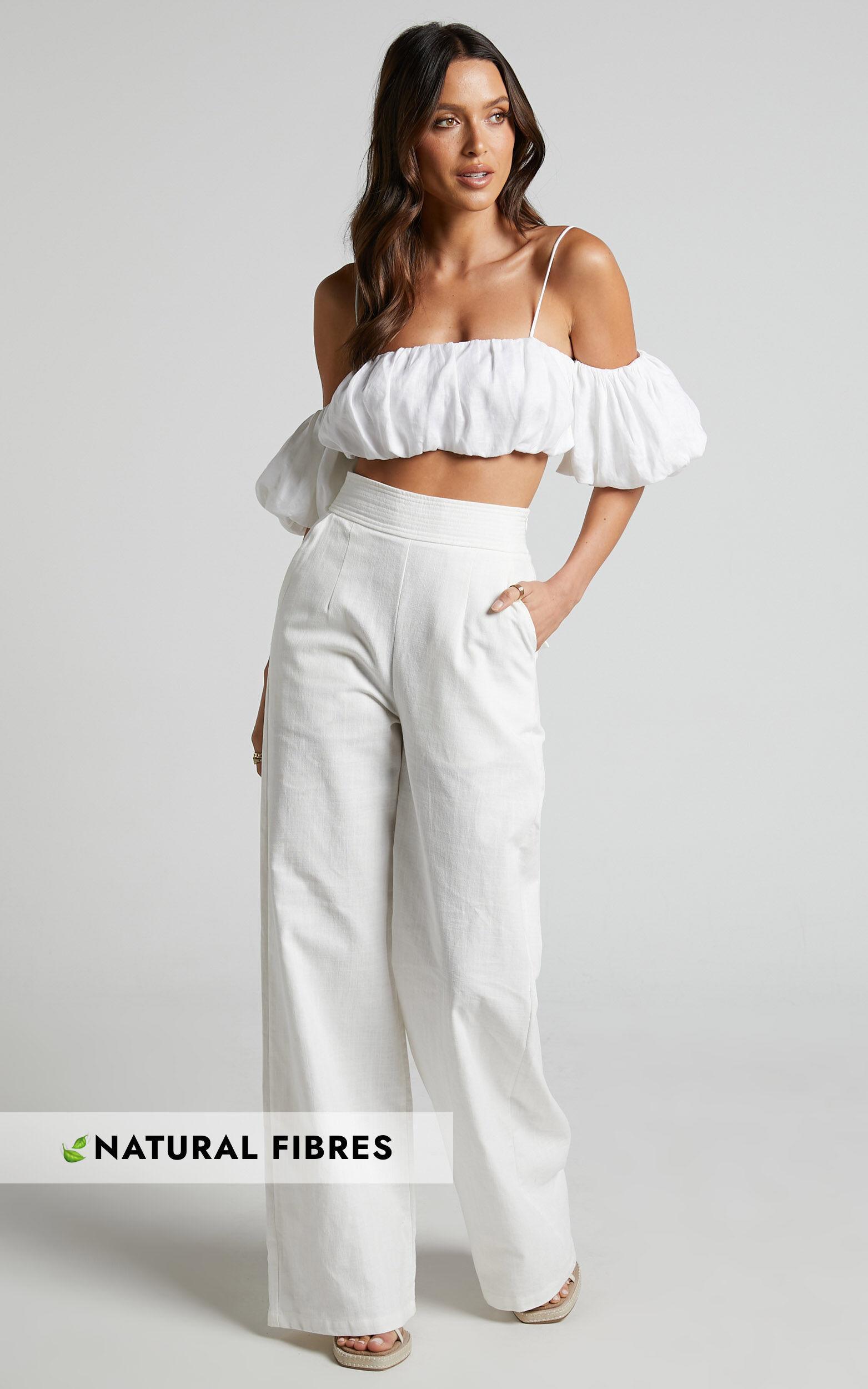 Amalie The Label - Charo Linen Look High Waisted Wide Leg Pants in Warm White Product Image