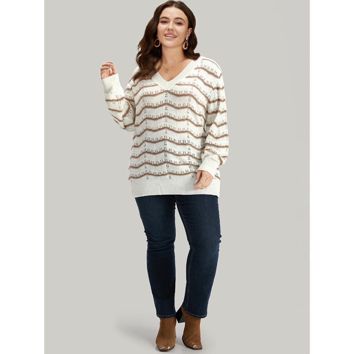 Plus Size Wave Striped Cut Out V Neck Cardigan Beige Women Casual Bodycon Long Sleeve V-neck Dailywear Pullovers BloomChic 14-16/1X Product Image