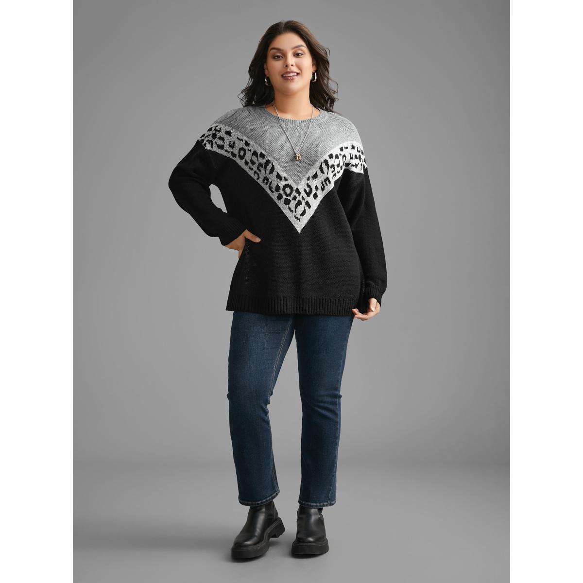 Plus Size Leopard Print Contrast Patchwork Pullover Black Women Casual Loose Long Sleeve Round Neck Everyday Pullovers BloomChic 28/5X Product Image