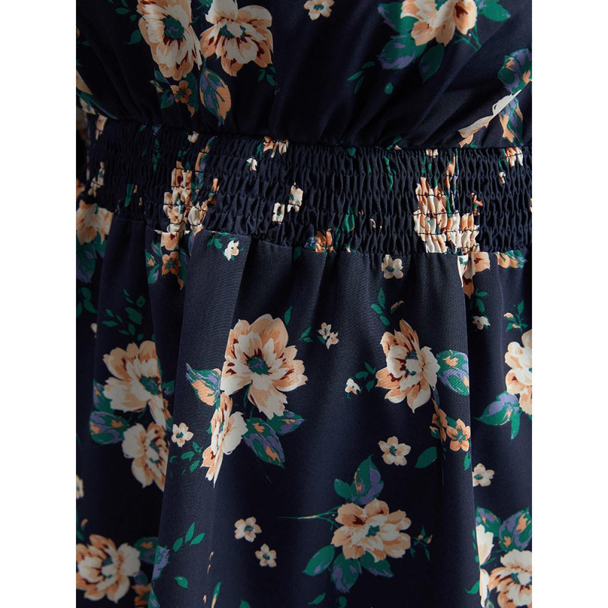 Plus Size Indigo Floral Square Neck Shirred Lantern Sleeve Blouse Women Elegant Long Sleeve Square Neck Dailywear Blouses BloomChic 28/5X Product Image
