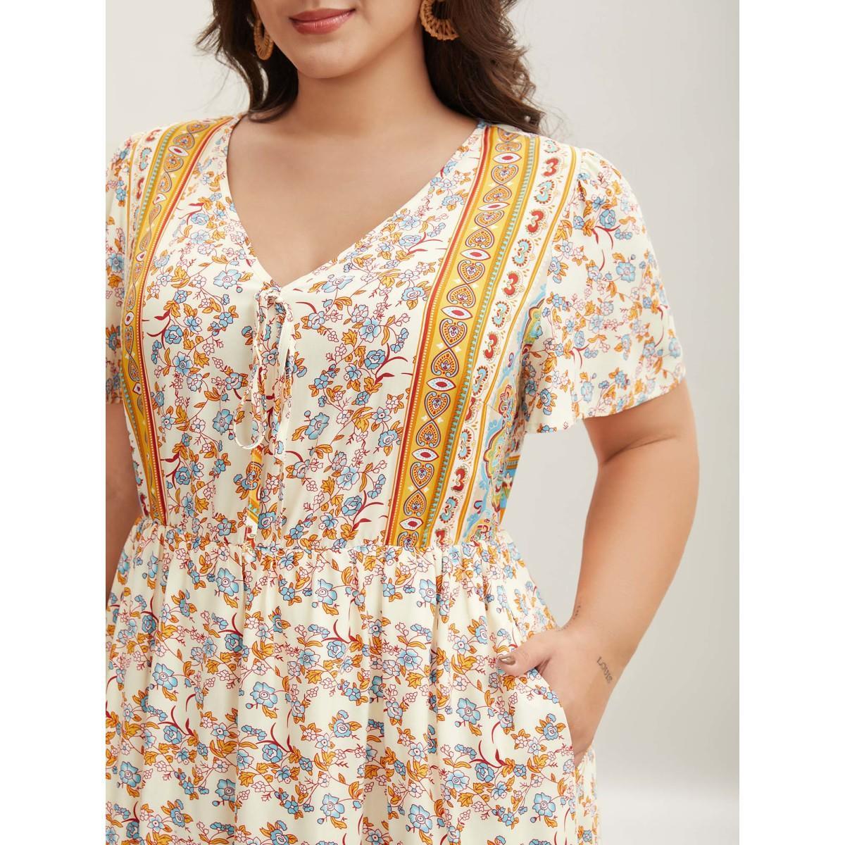 Plus Size Boho Print Adjustable Neck Ties Midi Dress Lightyellow Women V-neck Short sleeve Curvy BloomChic 26/4X Product Image