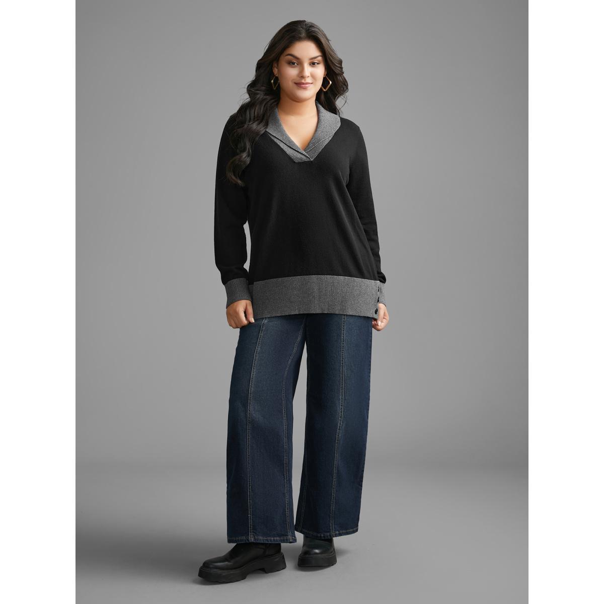 Plus Size Contrast Overlap Collar Button Detail Pullover Black Women Casual Loose Long Sleeve Overlap Collar Everyday Pullovers BloomChic 14-16/1X Product Image