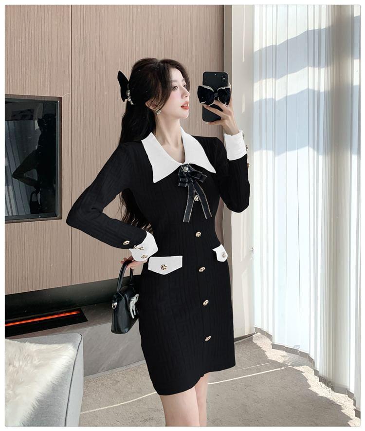 Long Sleeve Peter Pan Collar Two Tone Buttoned Mini Bodycon Knit Dress Product Image