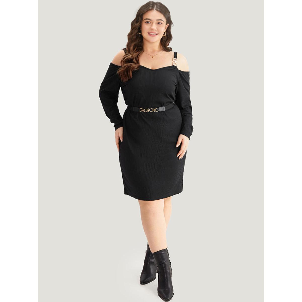 Plus Size Plain Rib Knit Metal Detail Cami Dress Black Women Casual Texture Spaghetti Strap Long Sleeve Curvy Knee Dress BloomChic 26/4X Product Image