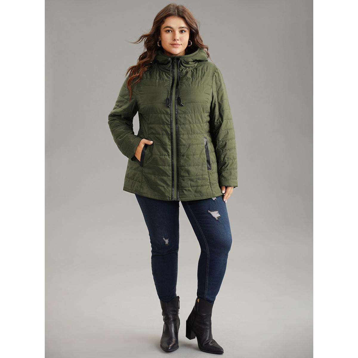 Plus Size Drawstring Patchwork PU Leather Zipper Jacket Women ArmyGreen Casual Lined Ladies Everyday Winter Coats BloomChic 28/5X Product Image