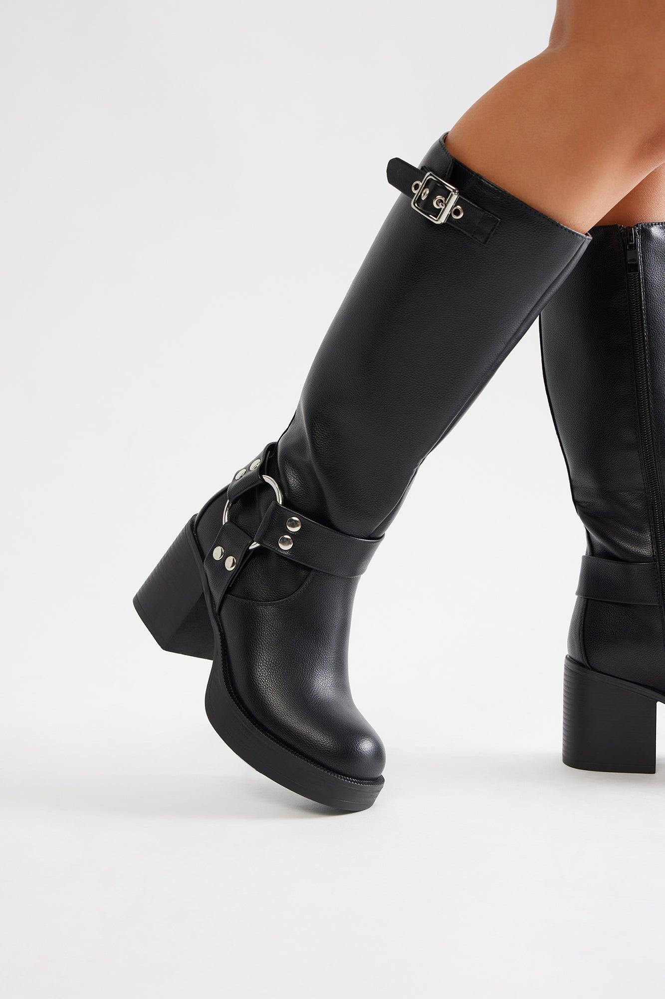 Arden Buckle Knee High Boots - Black Product Image