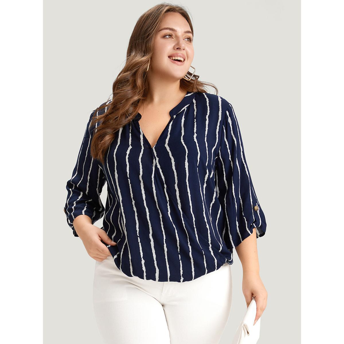 Plus Size Multicolor Striped Notched Three Quater Length Sleeve Blouse Women Office Elbow-length sleeve Notched collar Work Blouses BloomChic 10/M Product Image