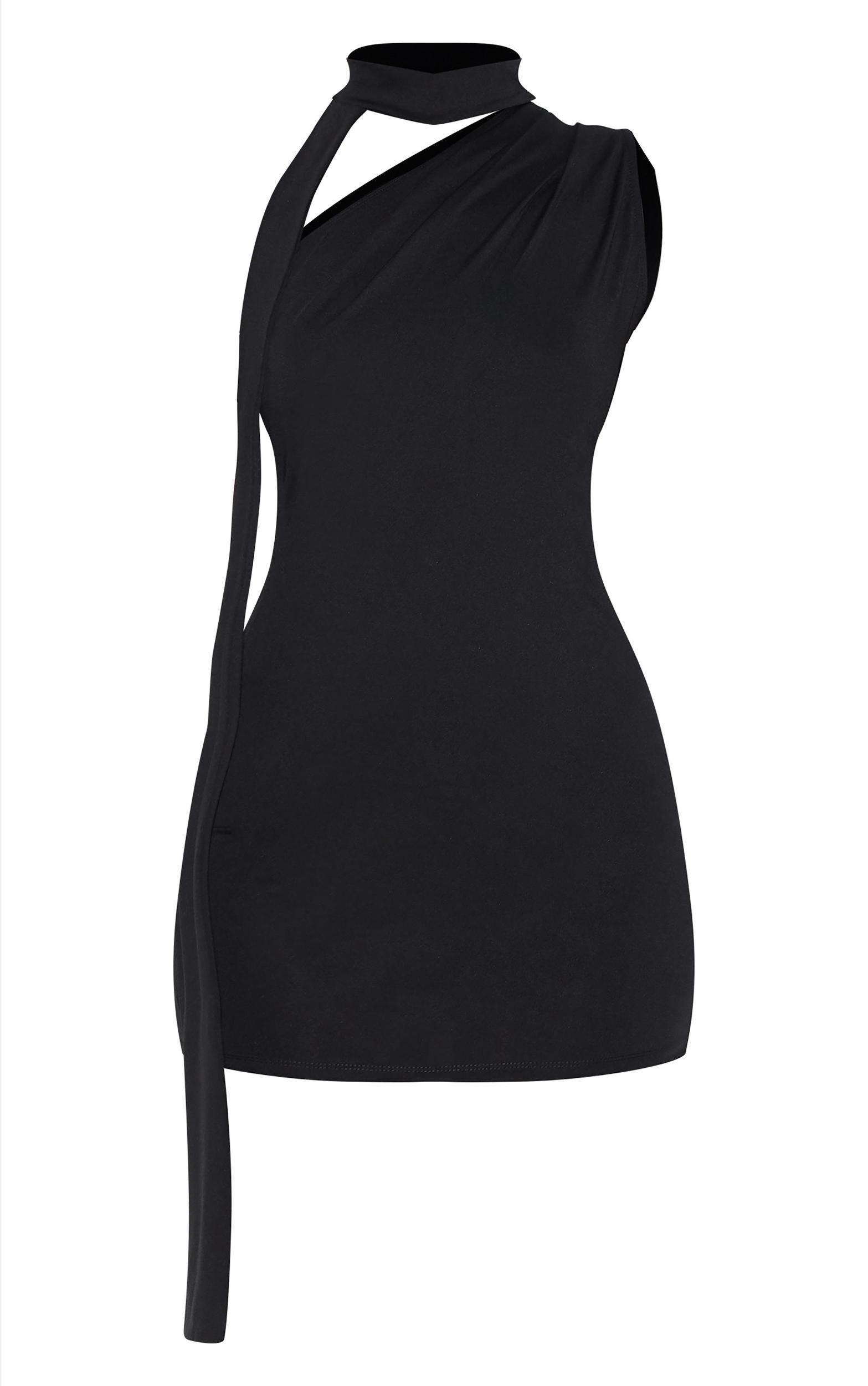 Black Soft Touch One Shoulder Wrap Detail Mini Dress Product Image