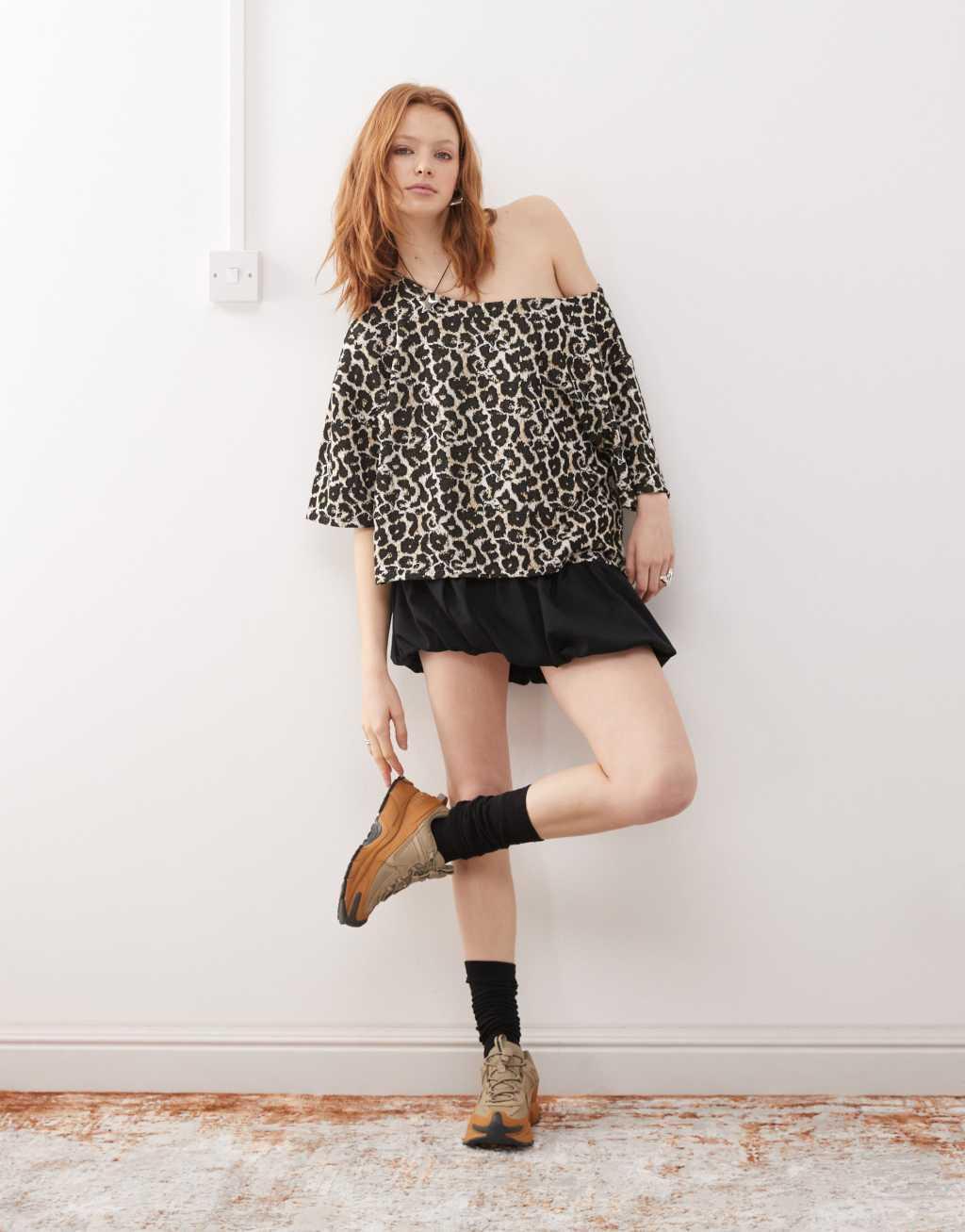 ASOS DESIGN off shoulder short sleeve jacquard t-shirt in leopard Product Image