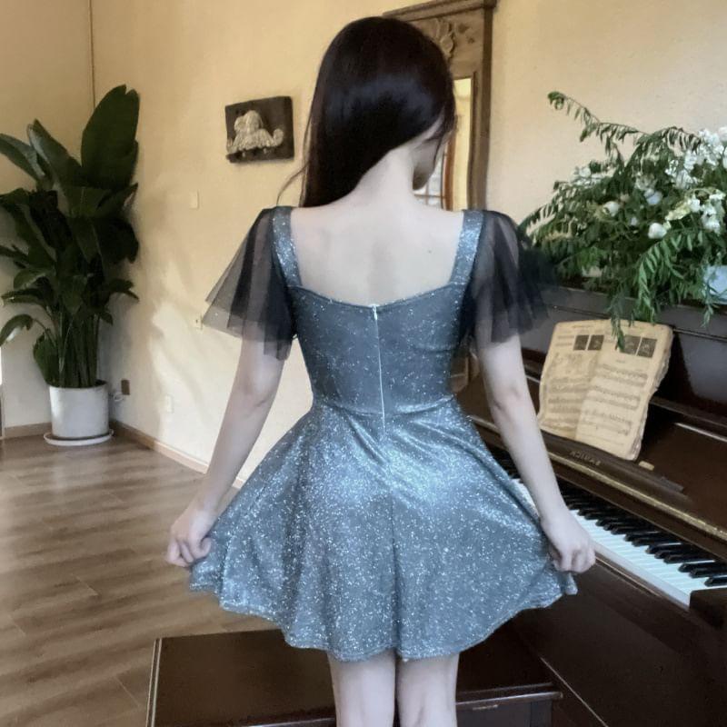 Flutter Sleeve Sweetheart Neck Glitter Panel Mesh Mini A-Line Dress Product Image