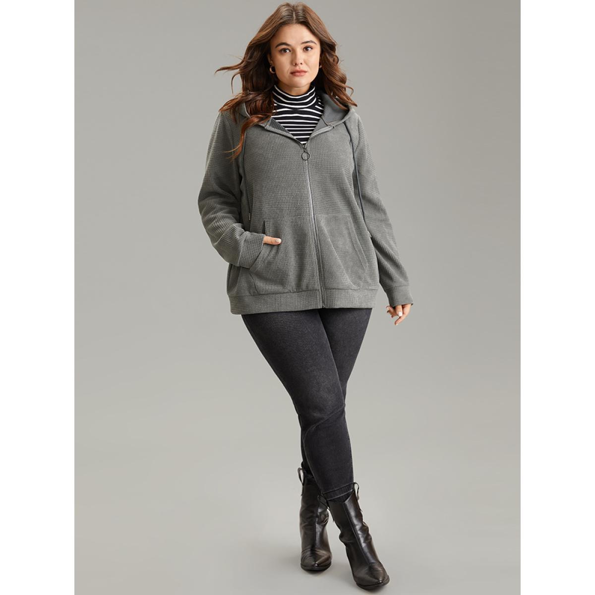 Plus Size Waffle Knit Plain Hooded Pocket Thick Sweatshirt Women DimGray Casual Waffle Knit Hooded Dailywear Sweatshirts BloomChic 14-16/1X Product Image