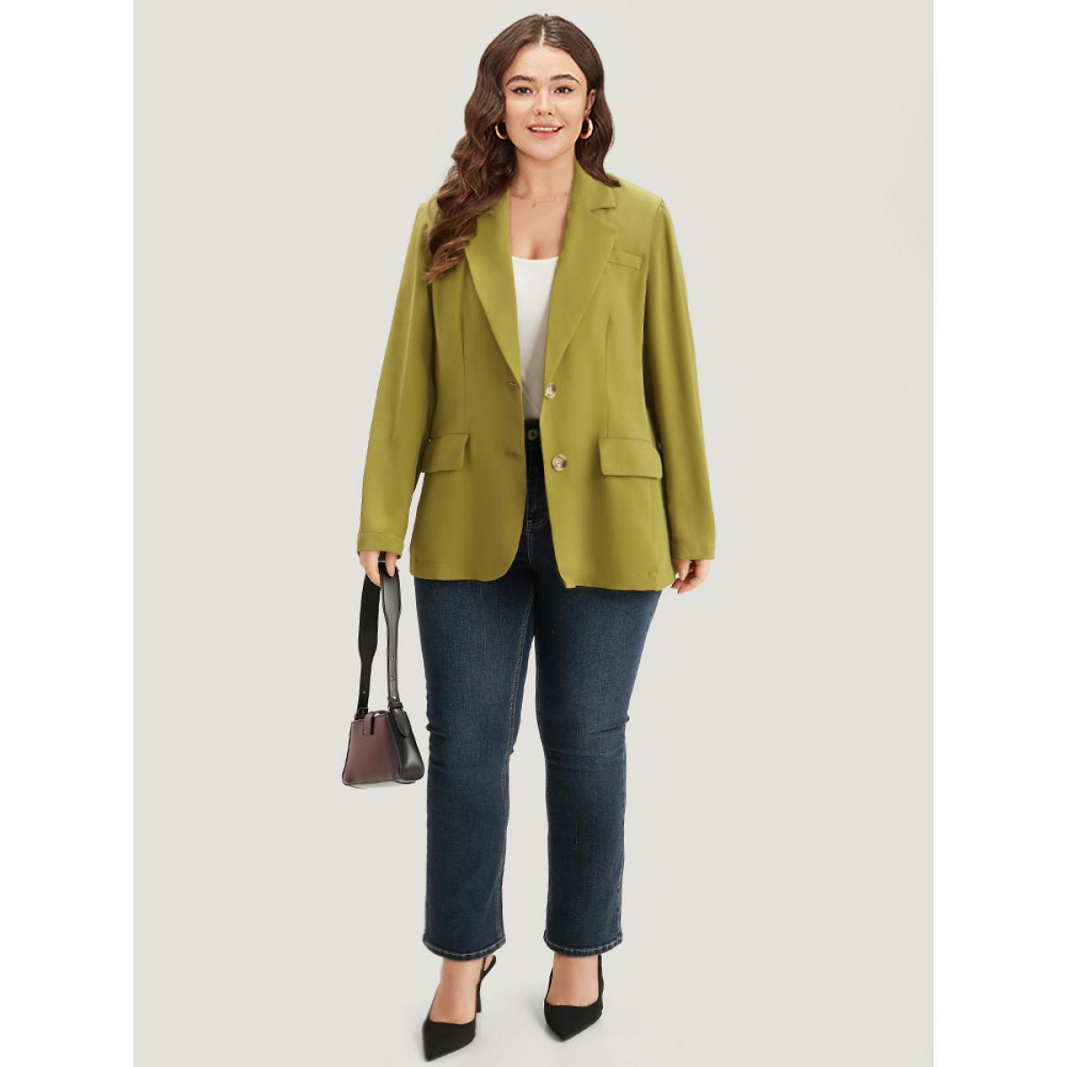 Plus Size Plain Pocket Button Up Suit Collar Blazer Olive Women Dailywear Plain Plain Sleeve Long Sleeve Lapel Collar 10/M Pocket Casual Blazers BloomChic Product Image