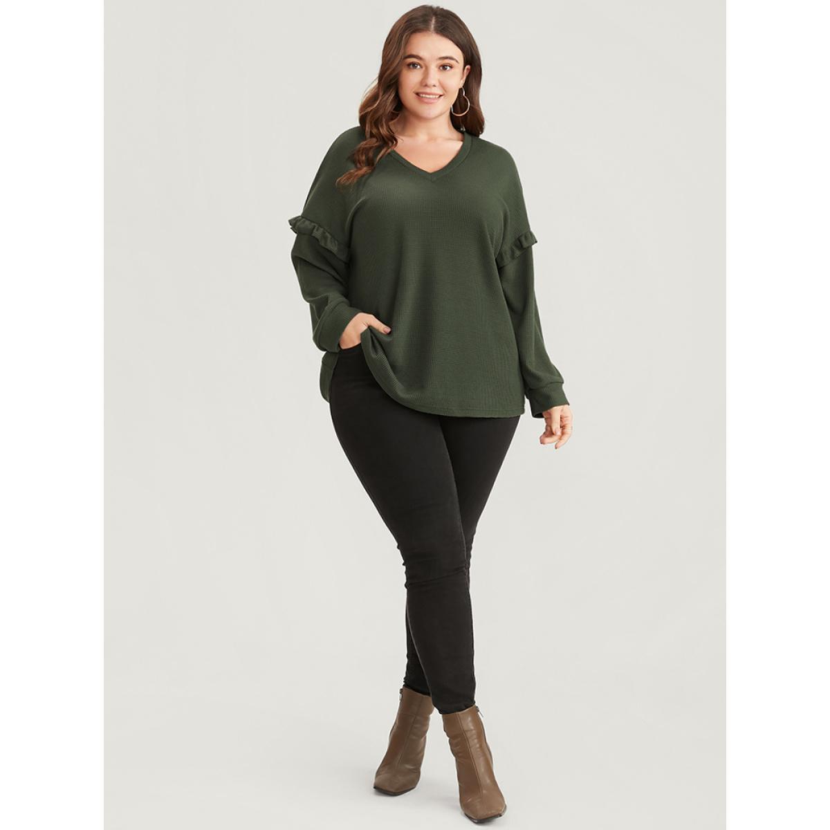 Plus Size Solid V Neck Ruffles Trim Long Tee Sage Women Elegant Ruffles Plain V-neck Dailywear T-shirts BloomChic 26/4X Product Image