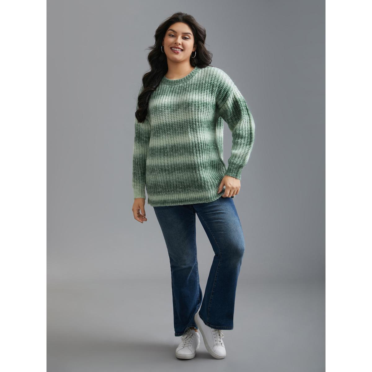 Plus Size Striped Ribbed Knit Drop Shoulder Pullover Moss Women Casual Loose Long Sleeve Round Neck Everyday Pullovers BloomChic 28/5X Product Image
