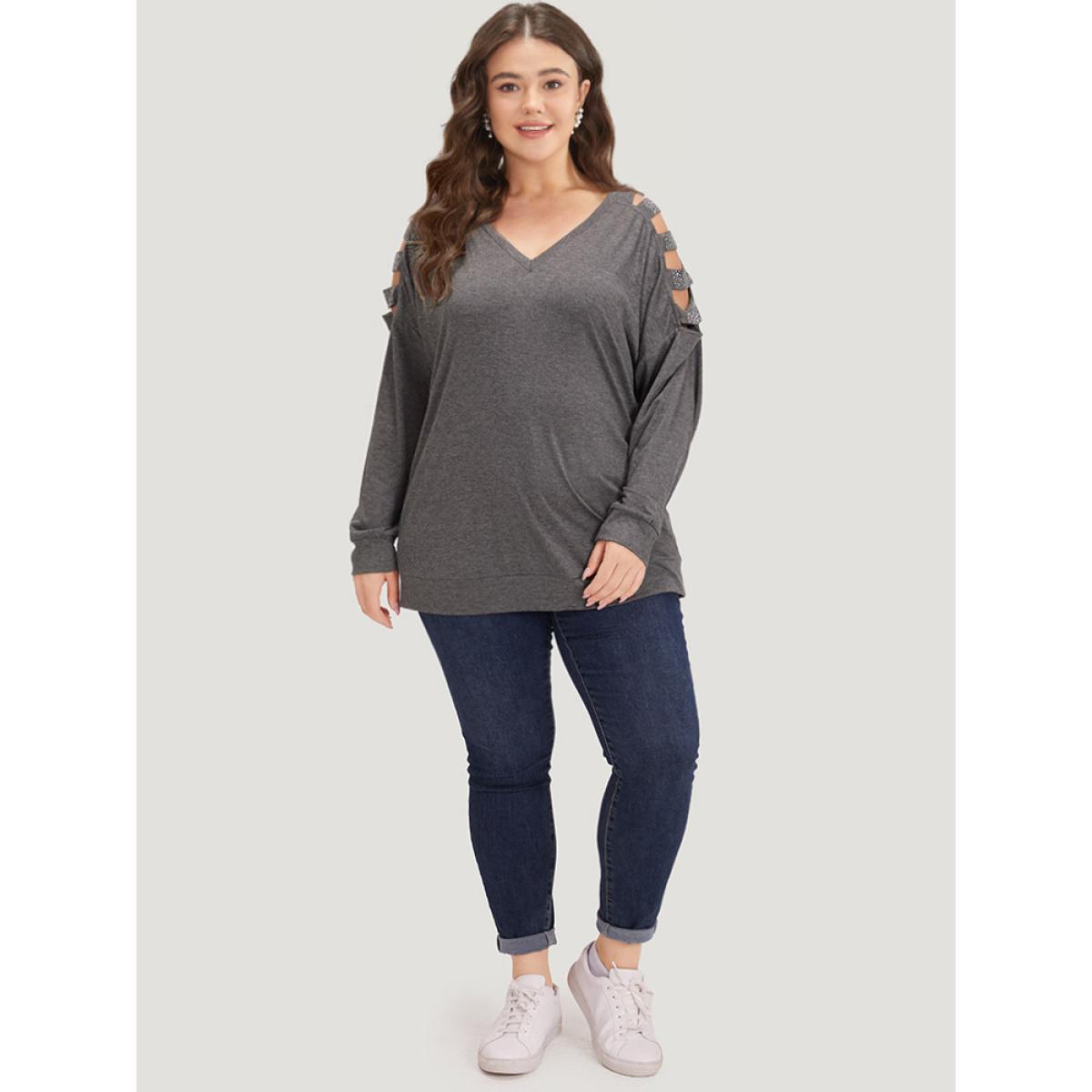 Plus Size Rhinestone Detail Hollow Out V Neck Long Sleeve T-shirt DimGray Women Casual Cut-Out Plain V-neck Dailywear T-shirts BloomChic 26/4X Product Image