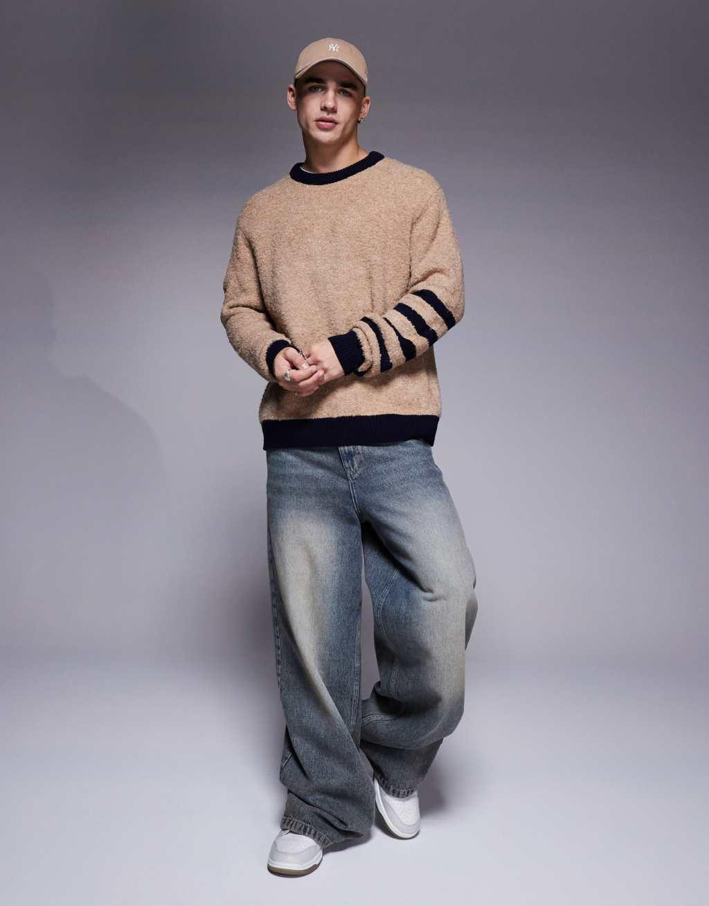 ASOS DESIGN relaxed textured knit crew neck sweater with stripe detail on sleeves in beige Product Image