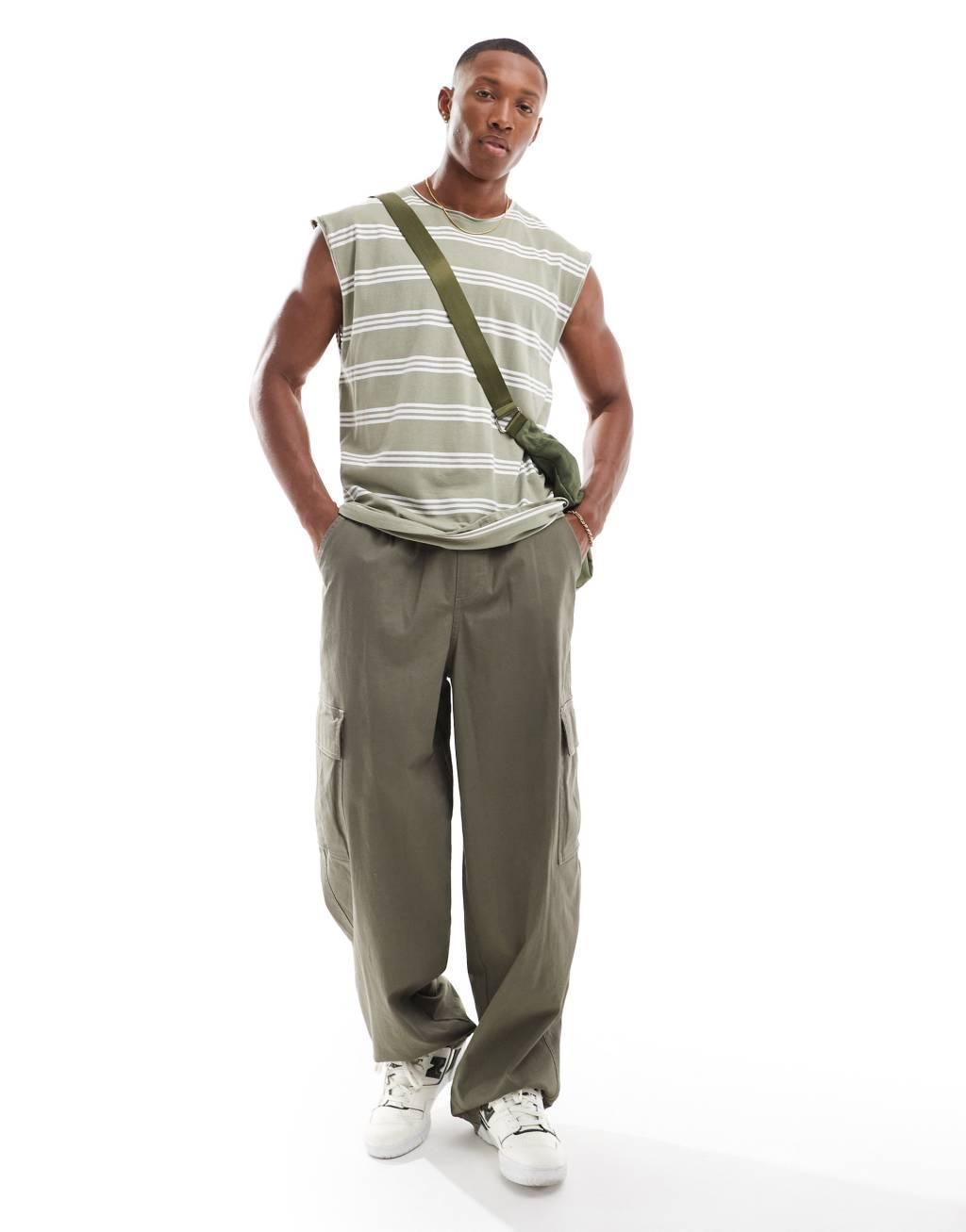Brave Soul raw edge striped tank in washed sage & white Product Image