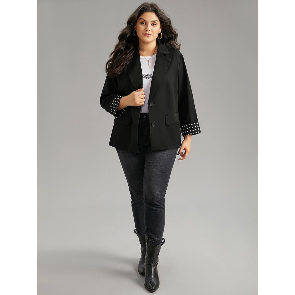 Plus Size Suit Collar Polka Dot Patchwork Button Up Blazer Black Women Work Polka Dot Contrast Sleeve Long Sleeve Suit Collar 22-24/3X At the Office Blazers BloomChic Product Image