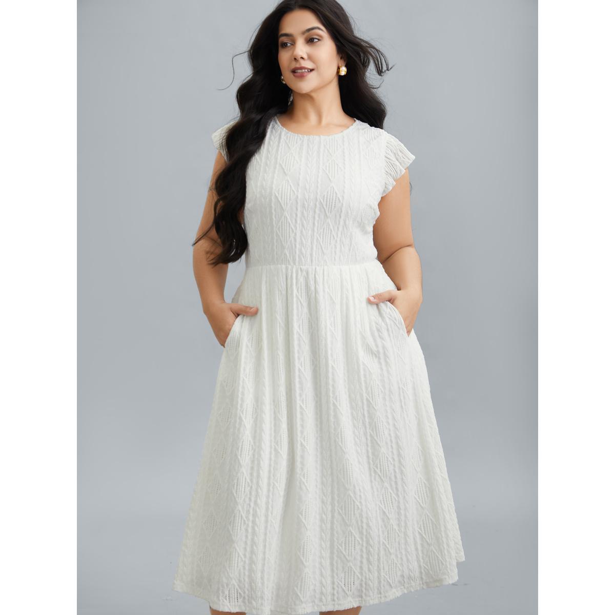 Plus Size Flutter Sleeve Textured Pockets Midi Dress Ivory Women Casual Texture Round Neck Cap Sleeve Curvy BloomChic 18-20/2X Product Image
