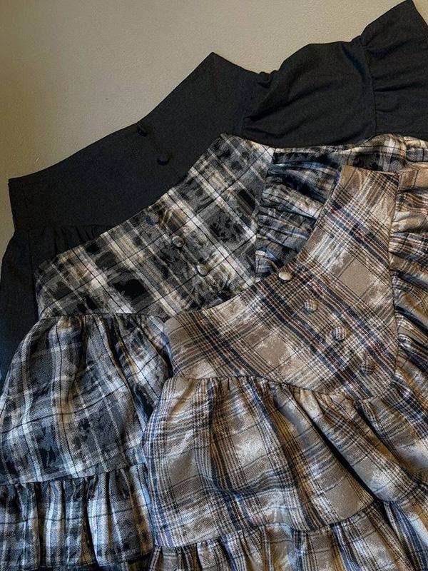 Loose Plaid Puff Sleeves Split-Joint Lapel Blouse + Pleated Ruffled Miniskirts Two Pieces Set Product Image