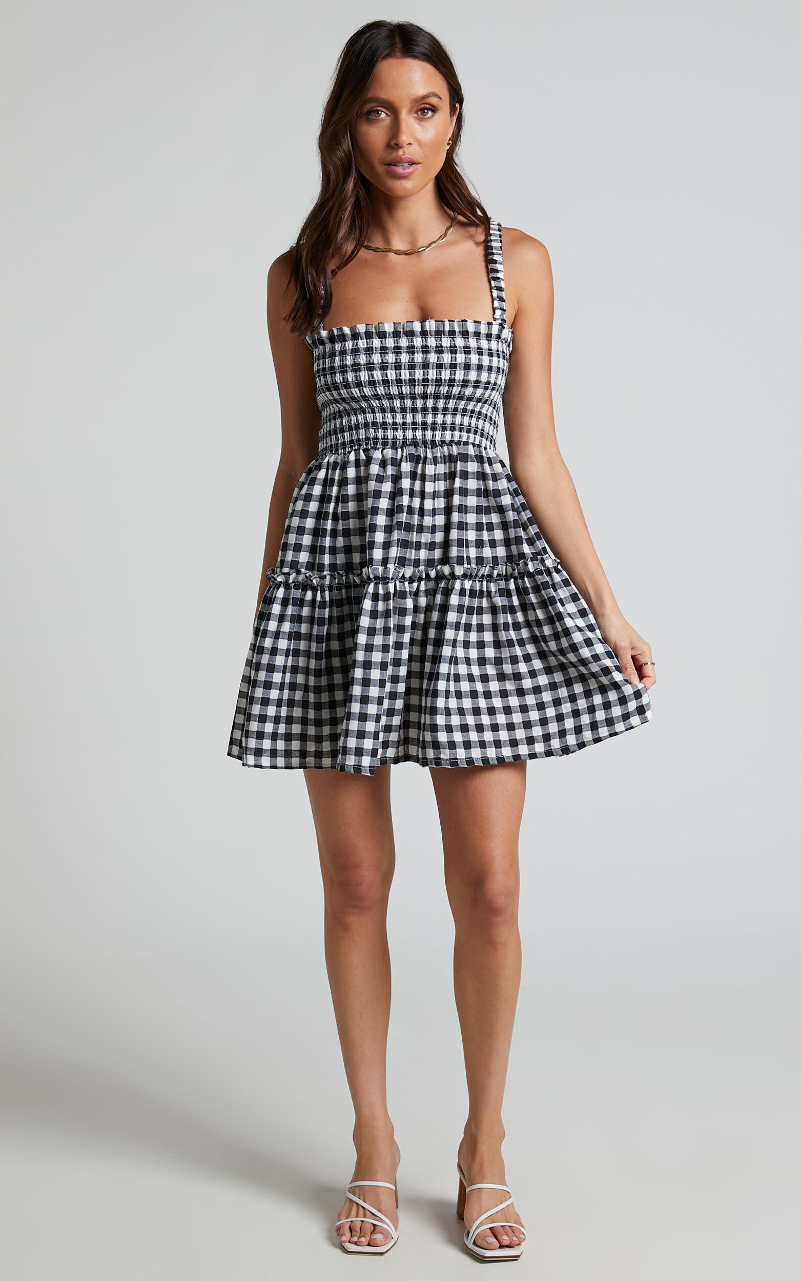 Wilda Mini Dress - Shirred Tiered Dress in Black and White Check Product Image