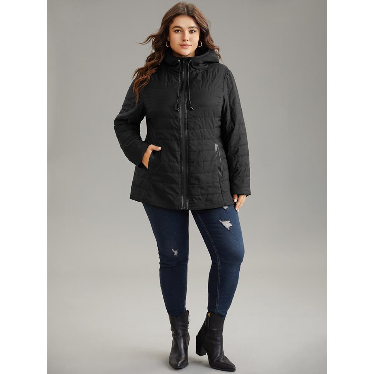 Plus Size Drawstring Patchwork PU Leather Zipper Jacket Women Black Casual Lined Ladies Everyday Winter Coats BloomChic 14-16/1X Product Image