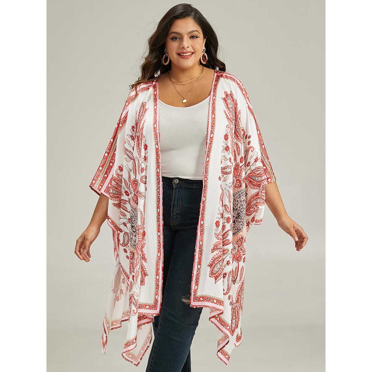 Plus Size Paisley Print Asymmetrical Hem Drape Kimono Women Brown Casual Drape Loose Dailywear Kimonos BloomChic 30/6X Product Image