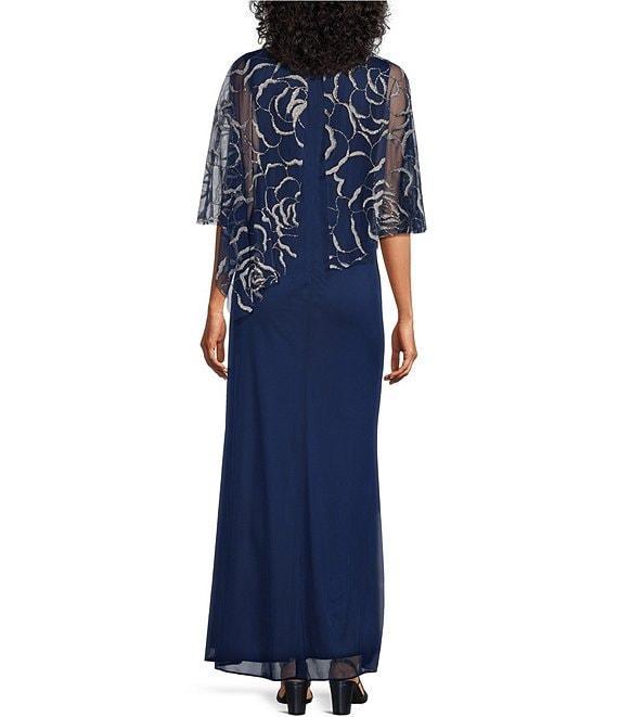 Ignite Evenings 3/4 Sleeve Asymmetrical Glitter Mesh Capelet V-Neck Jersey Gown Product Image
