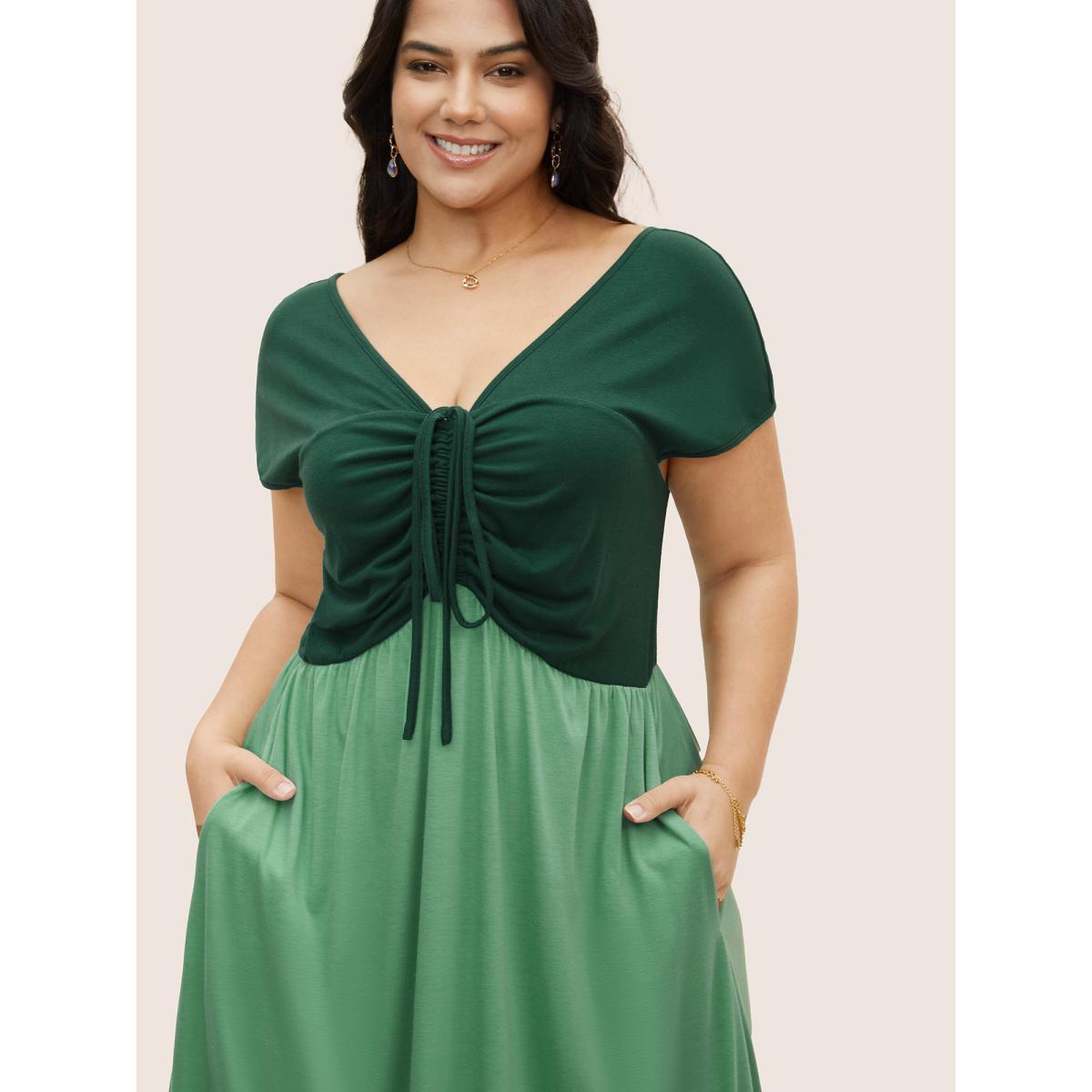 Plus Size Everywhere Dress - Two Tone Drawstring Dress Palemauve Women Elegant Patchwork Non Cap Sleeve Curvy BloomChic 12/L Product Image
